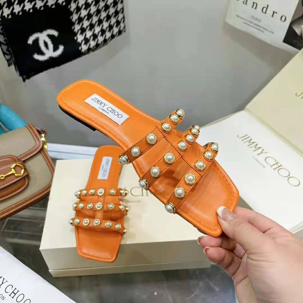 Jimmy Choo Hazal Flat Amber Orange Suede Caged Flats with Pearl Studs for Women Jimmy Choo Hazal Flat Amber Orange Suede Caged Flats with Pearl Studs for Women