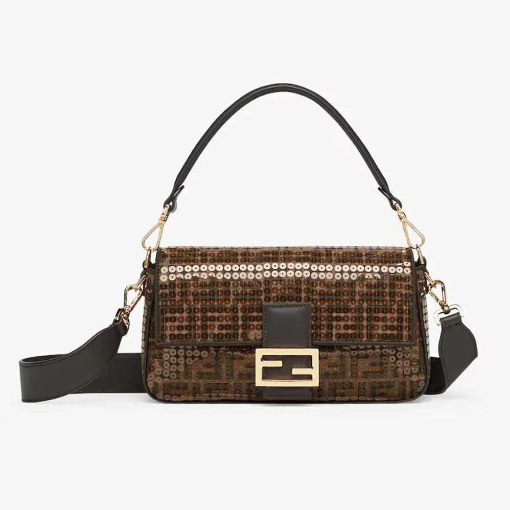 Fendi Baguette Brown FF Jacquard Fabric Bag with Sequins for Women Fendi Baguette Brown FF Jacquard Fabric Bag with Sequins for Women