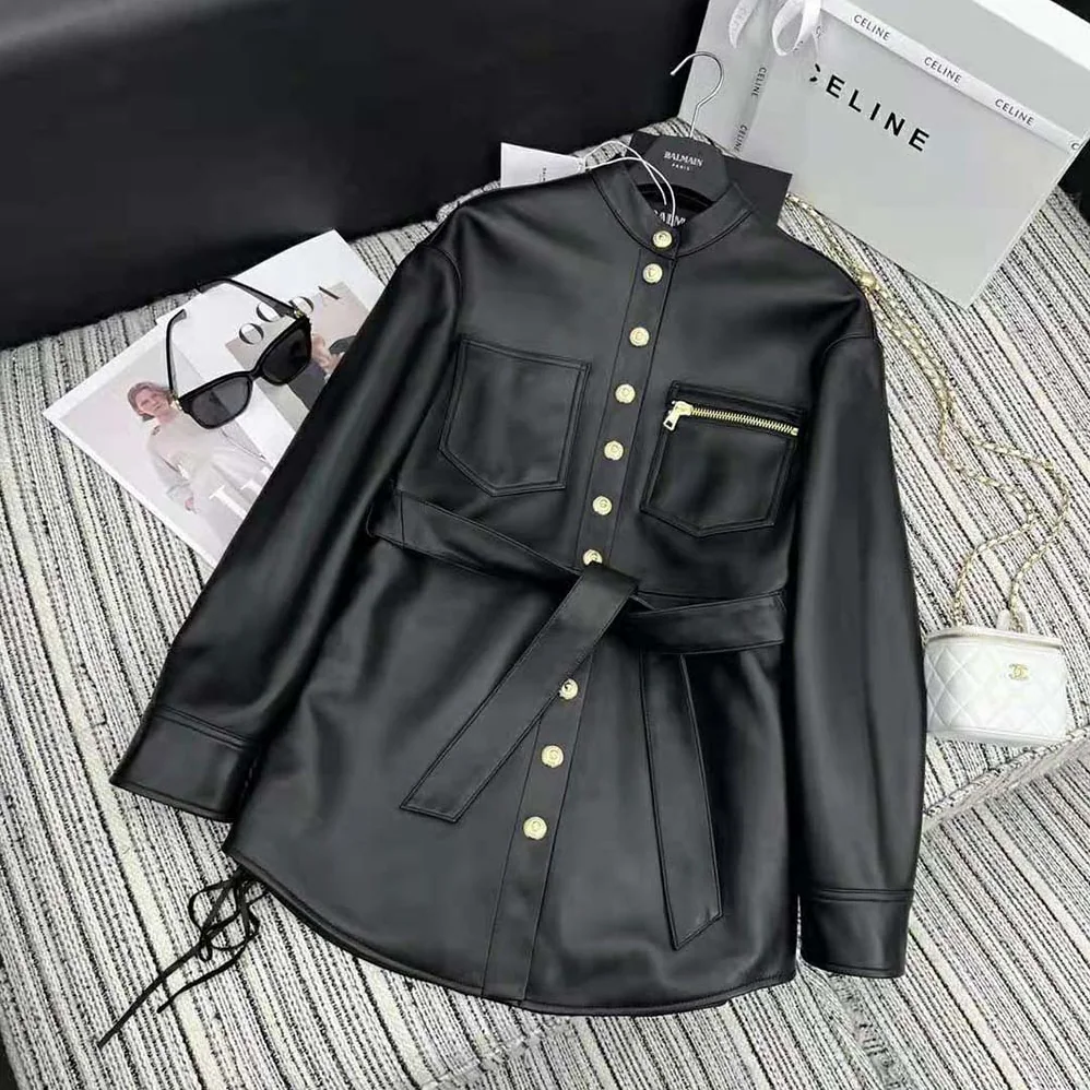Balmain Leather Overshirt with Lace for Women in up Details