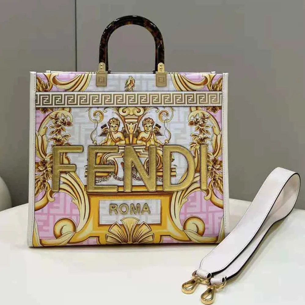 Fendi Sunshine Medium Fendace Printed White Leather Shopper for Women