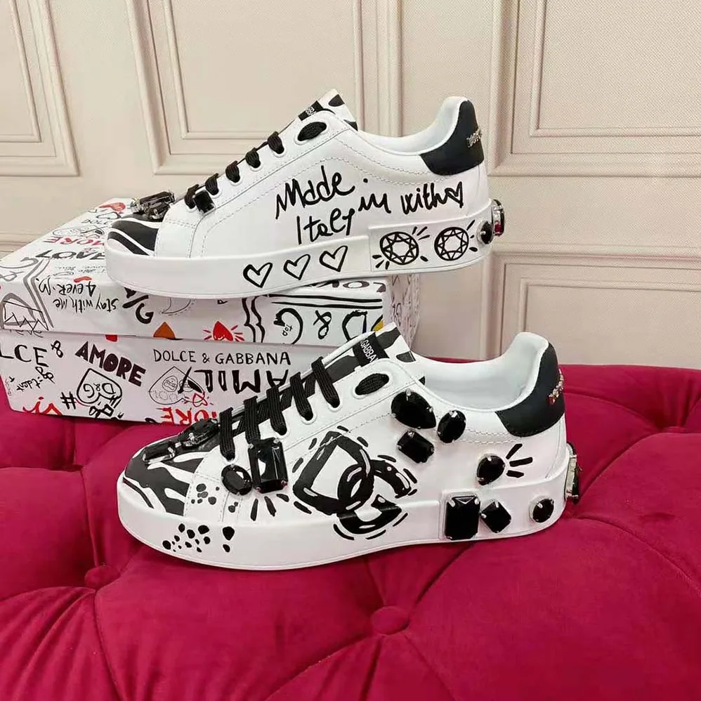 Dolce Gabbana D&G Calfskin Portofino Sneakers with Embroidery for Unisex