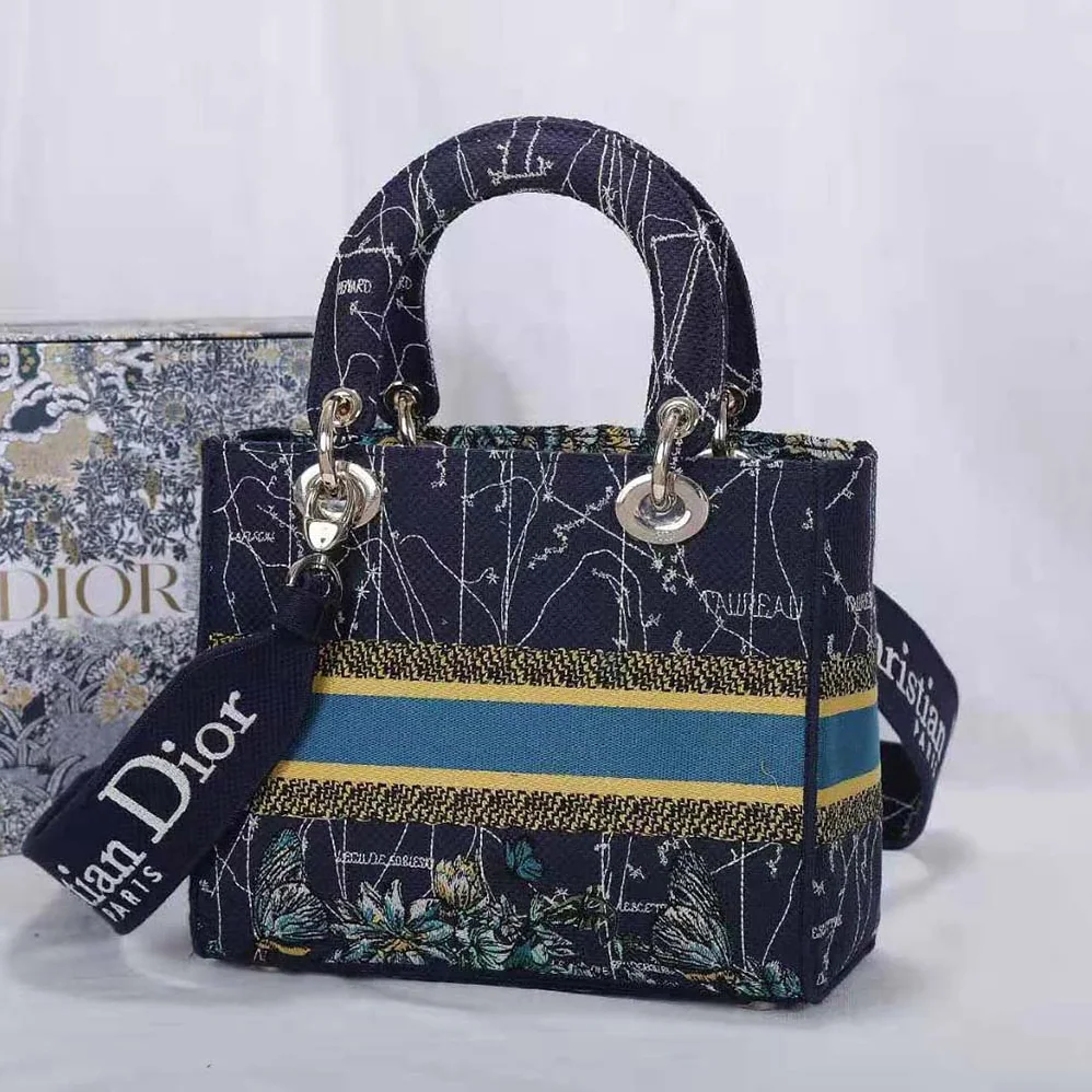 Dior Medium Lady D-lite Bag Latte Multicolor Dior Constellation Embroidery for Women in Blue
