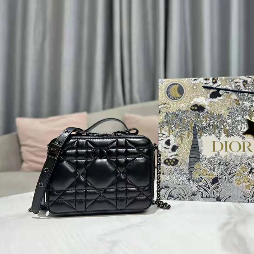 Dior Caro Box Bag with Chain Black Quilted Macrocannage Calfskin for Women Dior Caro Box Bag with Chain Black Quilted Macrocannage Calfskin for Women