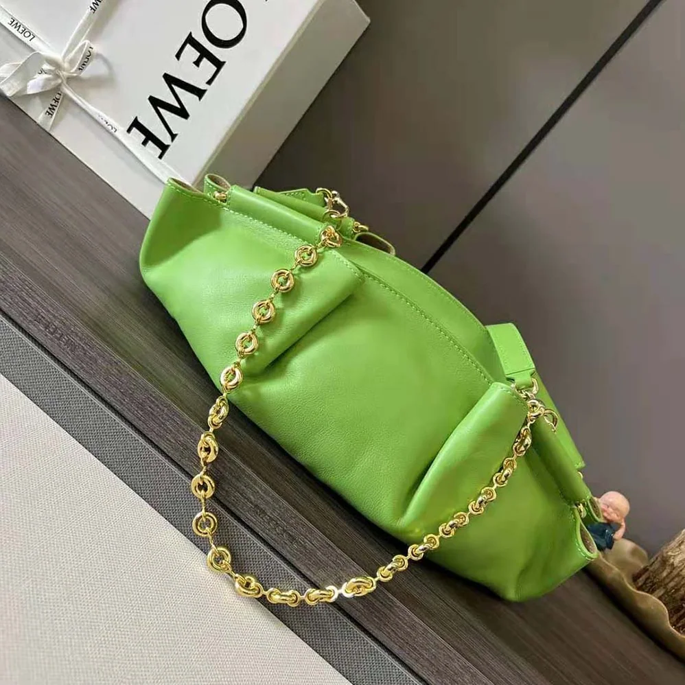 Loewe Small Paseo Bag in Shiny Nappa Calfskin with Chain for Women in Green