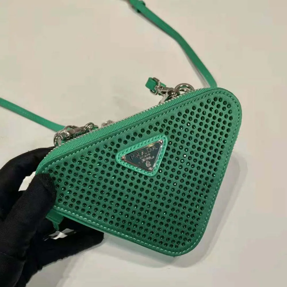 Prada Embellished Satin and Leather Mini-Pouch for Women in Green