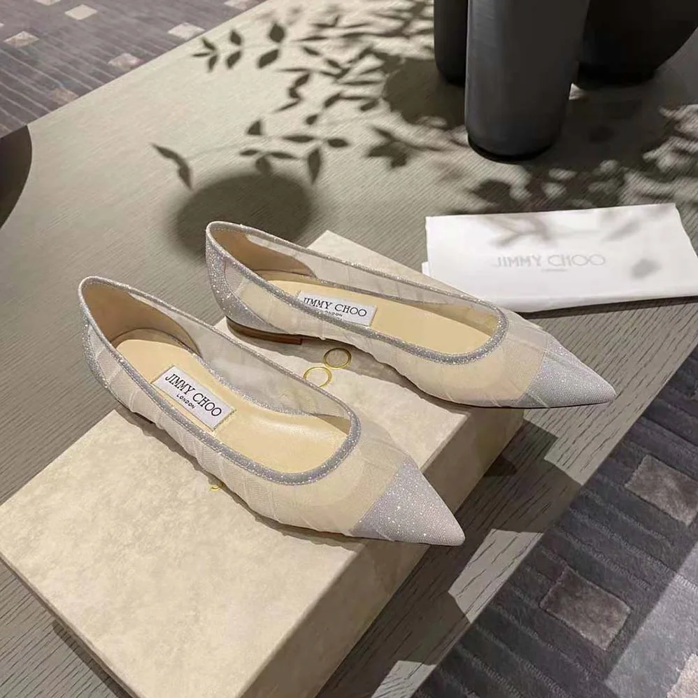 Jimmy Choo Love Flat Metallic Silver Glitter Fabric Flats with Ivory Tulle Overlay for Women Jimmy Choo Love Flat Metallic Silver Glitter Fabric Flats with Ivory Tulle Overlay for Women