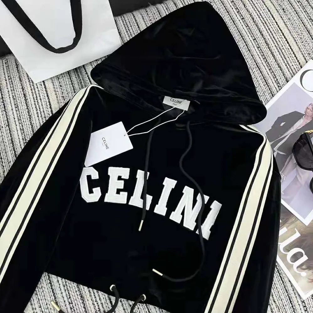 Celine Cropped Hoodie in Velvet Jersey for Women Celine Cropped Hoodie in Velvet Jersey for Women