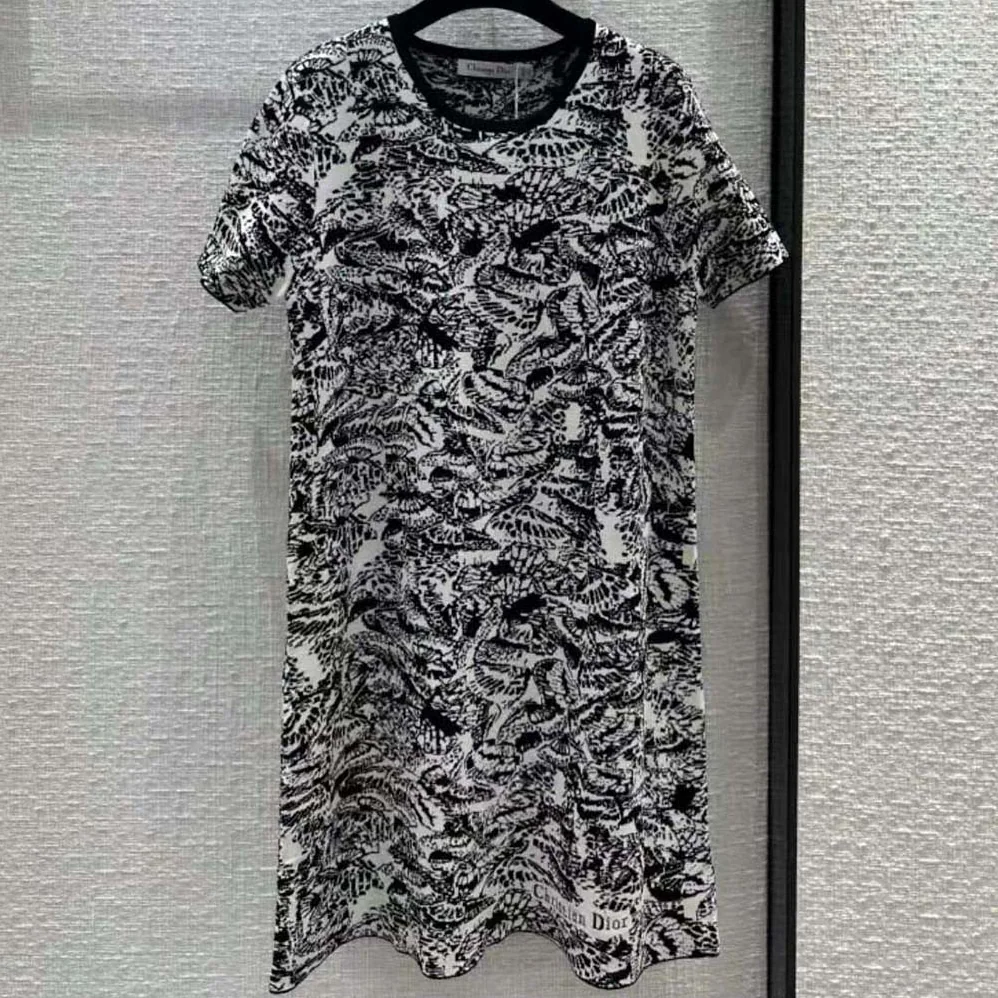 Dior Straight Dress Black and White Technical Jacquard with Allover Butterfly Motif for Women Dior Straight Dress Black and White Technical Jacquard with Allover Butterfly Motif for Women
