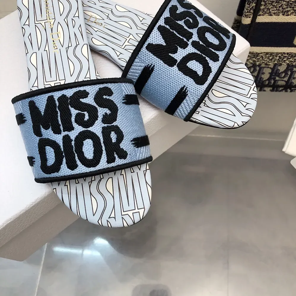 Dior Dway Slide Embroidered Cotton and Pale Blue Miss Dior Allover Motif for Women