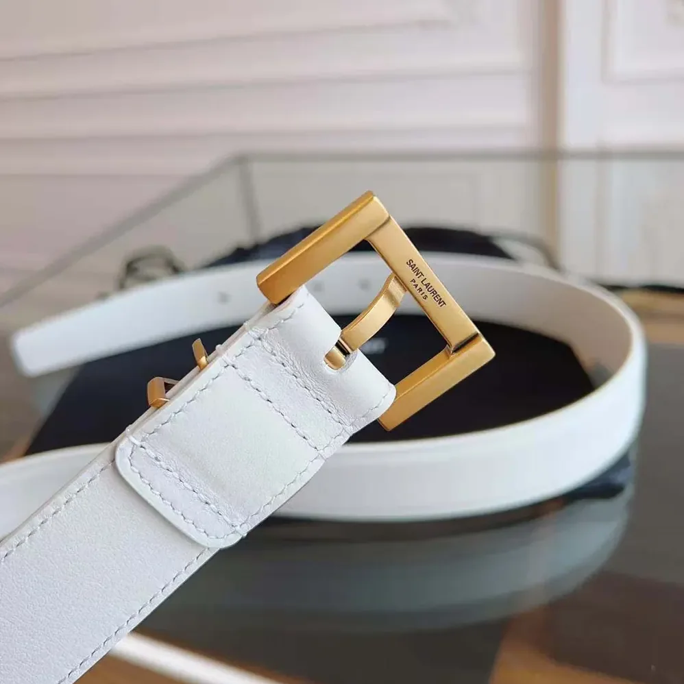 Saint Laurent YSL Cassandre Thin Belt with Square Buckle in Lacquered Leather for Women in White Saint Laurent YSL Cassandre Thin Belt with Square Buckle in Lacquered Leather for Women in White