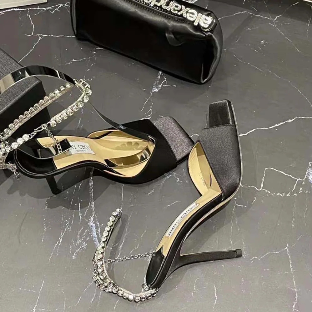 Jimmy Choo Saeda Sandal 100 Black Suede Sandals with Crystal Embellishment for Women Jimmy Choo Saeda Sandal 100 Black Suede Sandals with Crystal Embellishment for Women