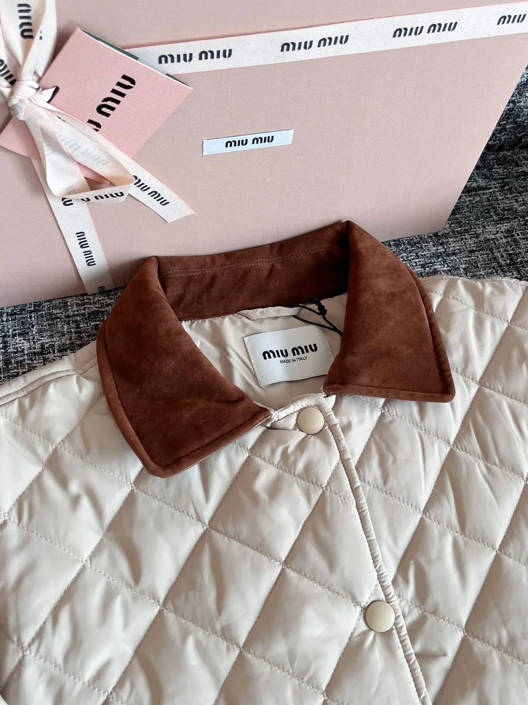 Miu Miu Quilted Jacket With Velvet Collar Beige