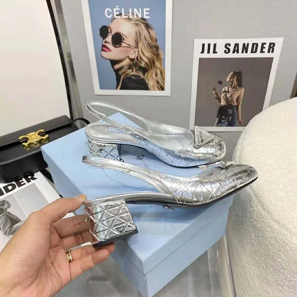 Prada Metallic Leather Slingback Pumps in 45mm Heel Height for Women in Silver