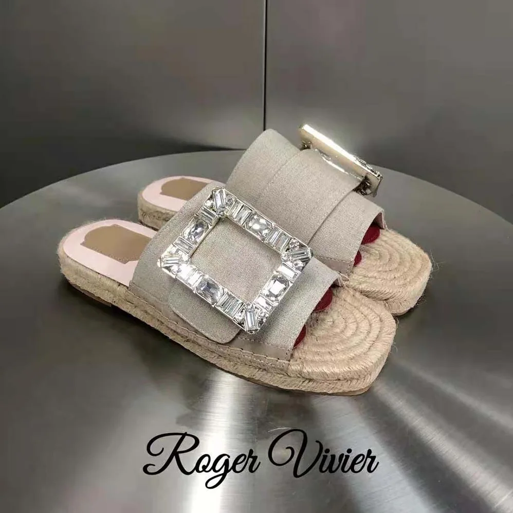Roger Vivier Strass Buckle Espadrille Mules in Soft Leather for Women Roger Vivier Strass Buckle Espadrille Mules in Soft Leather for Women