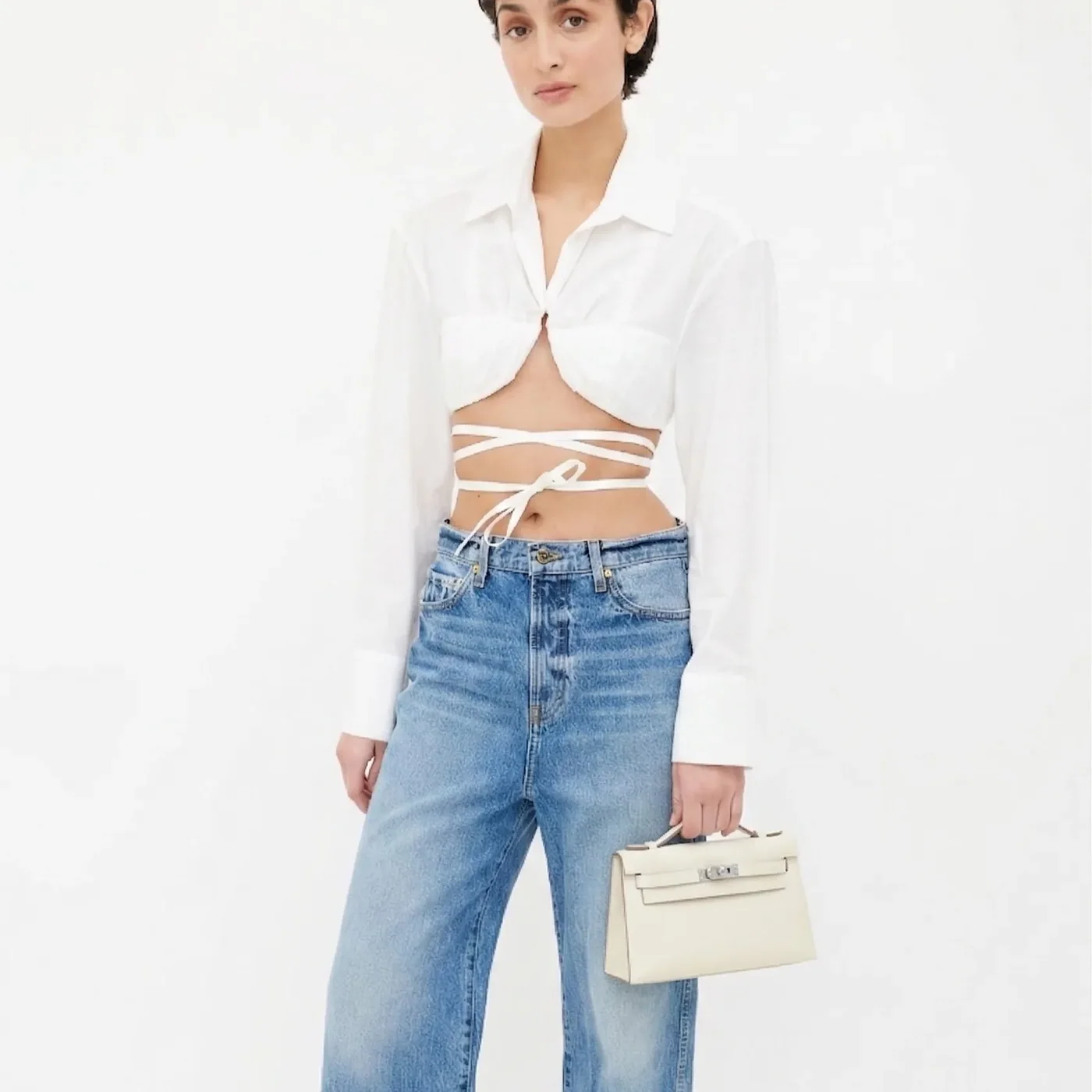 Hermes Kelly Pochette Top Handle Bag in Blanc Epsom Palladium Hardware