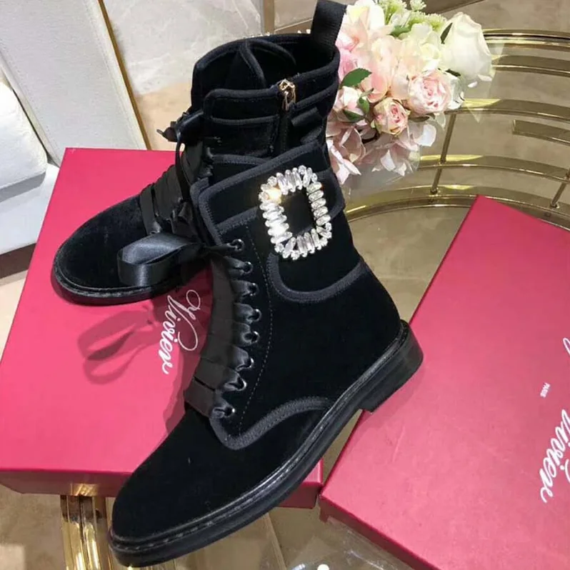 Roger Vivier Shoes Viv' Rangers Strass Buckle Fabric Ankle Boots for Women in Black