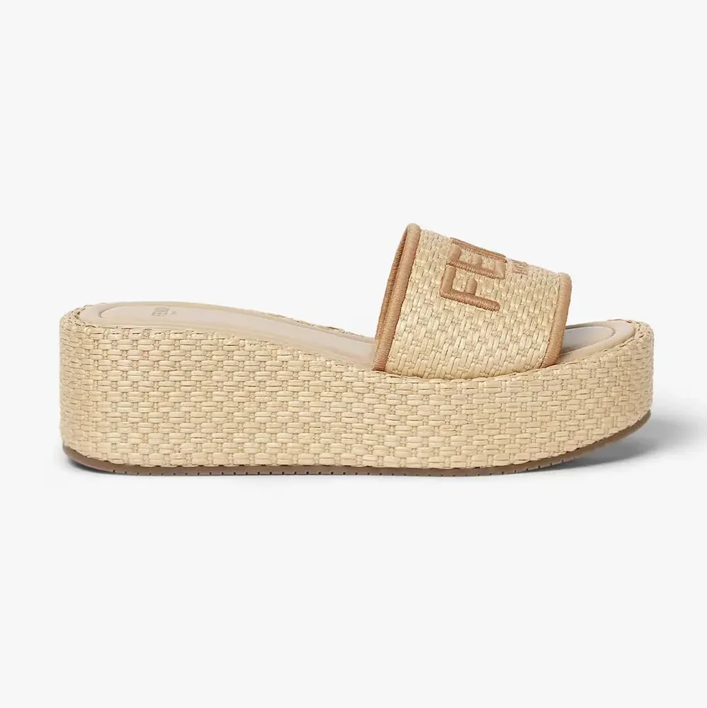 Fendi Fendi Sunshine Beige Raffia Flatform Slides for Women