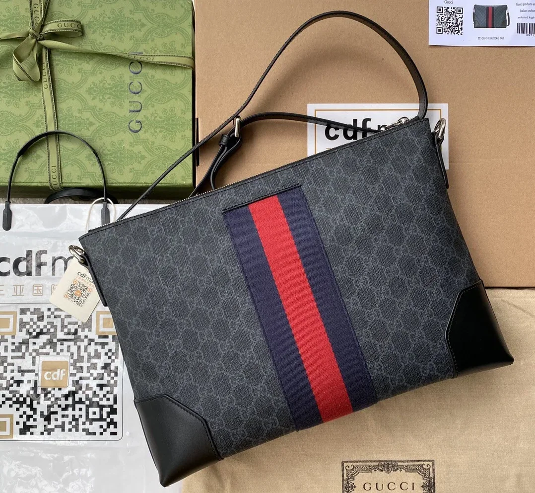 Gucci Black Messenger Black/Grey GG Supreme Canvas Blue And Red Web /