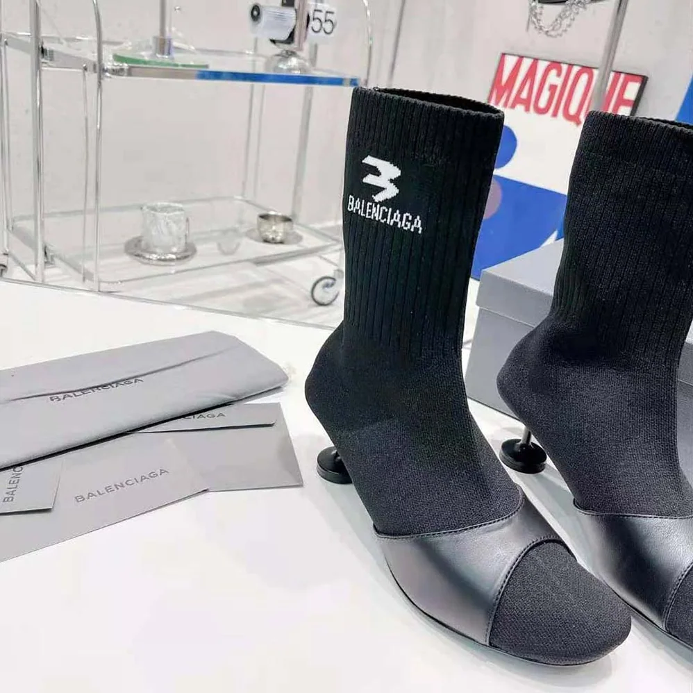 Balenciaga Sock 50mm Bootie in Black Smooth Calfskin and Black Recycled Knit for Women Balenciaga Sock 50mm Bootie in Black Smooth Calfskin and Black Recycled Knit for Women