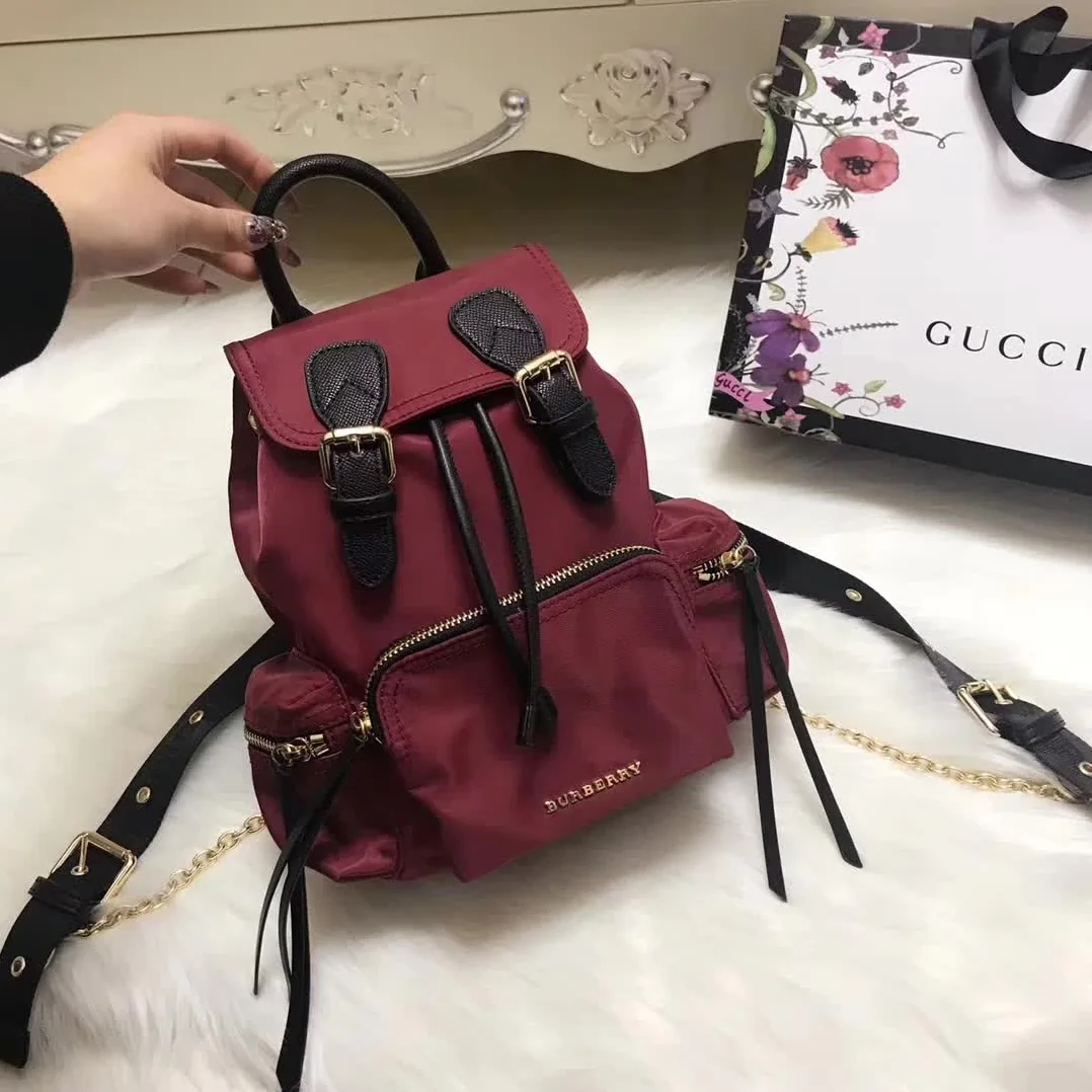 Burberry Medium Rucksack in Technical Nylon and Leather in Maroon