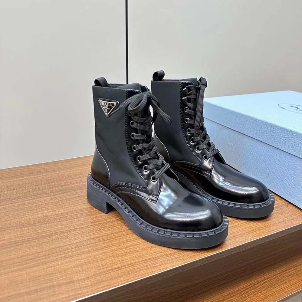 Prada Brushed-Leather and Re-Nylon Boots for Women in Black Prada Brushed-Leather and Re-Nylon Boots for Women in Black