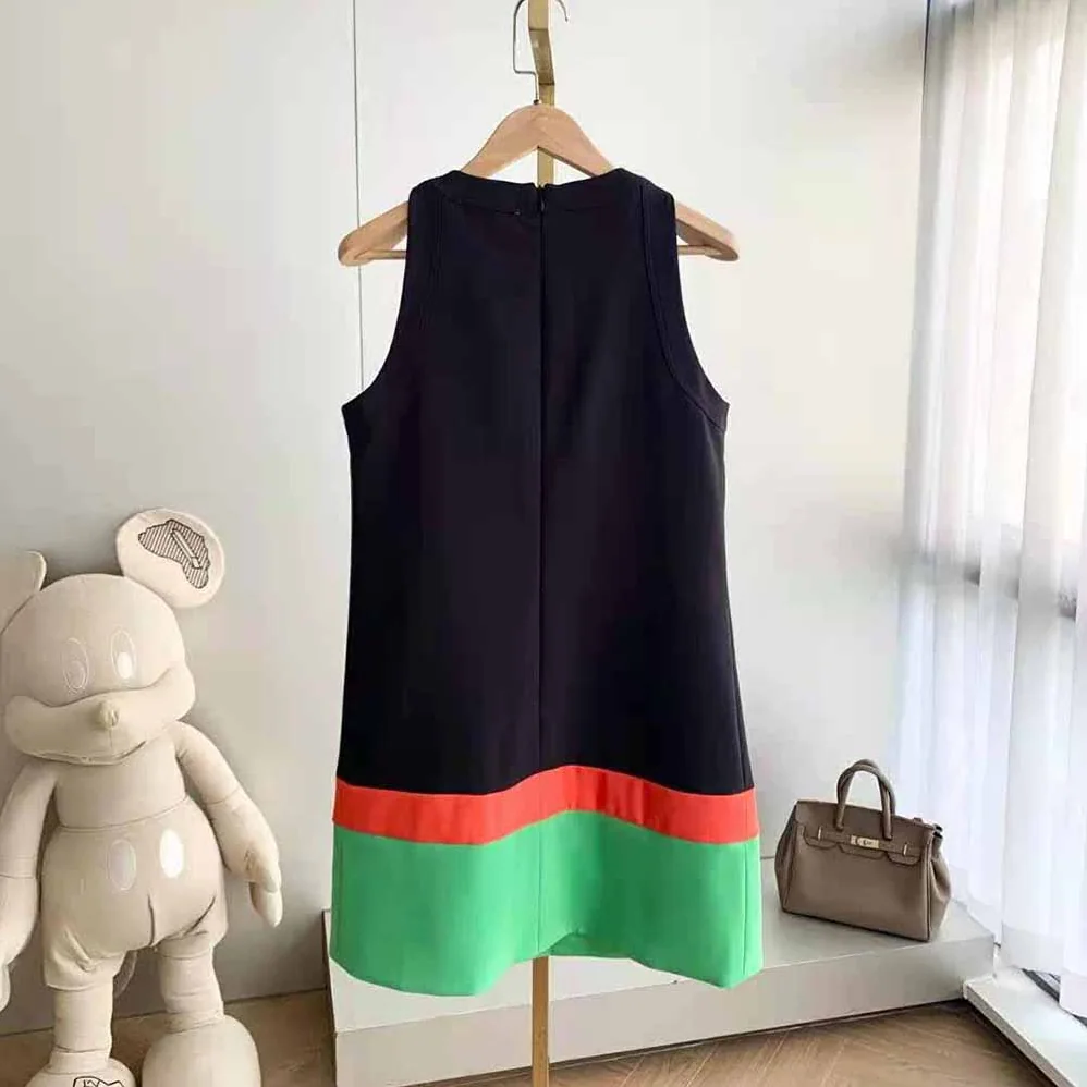 Dior Short A-line Dress Black Fluorescent Orange and Bright Green Wool and Silk for Women