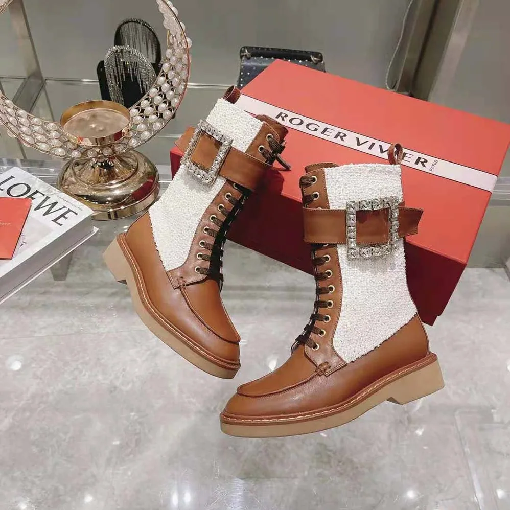 Roger Vivier Viv' Rangers Strass Buckle Boots in Fabrics for Women Roger Vivier Viv' Rangers Strass Buckle Boots in Fabrics for Women