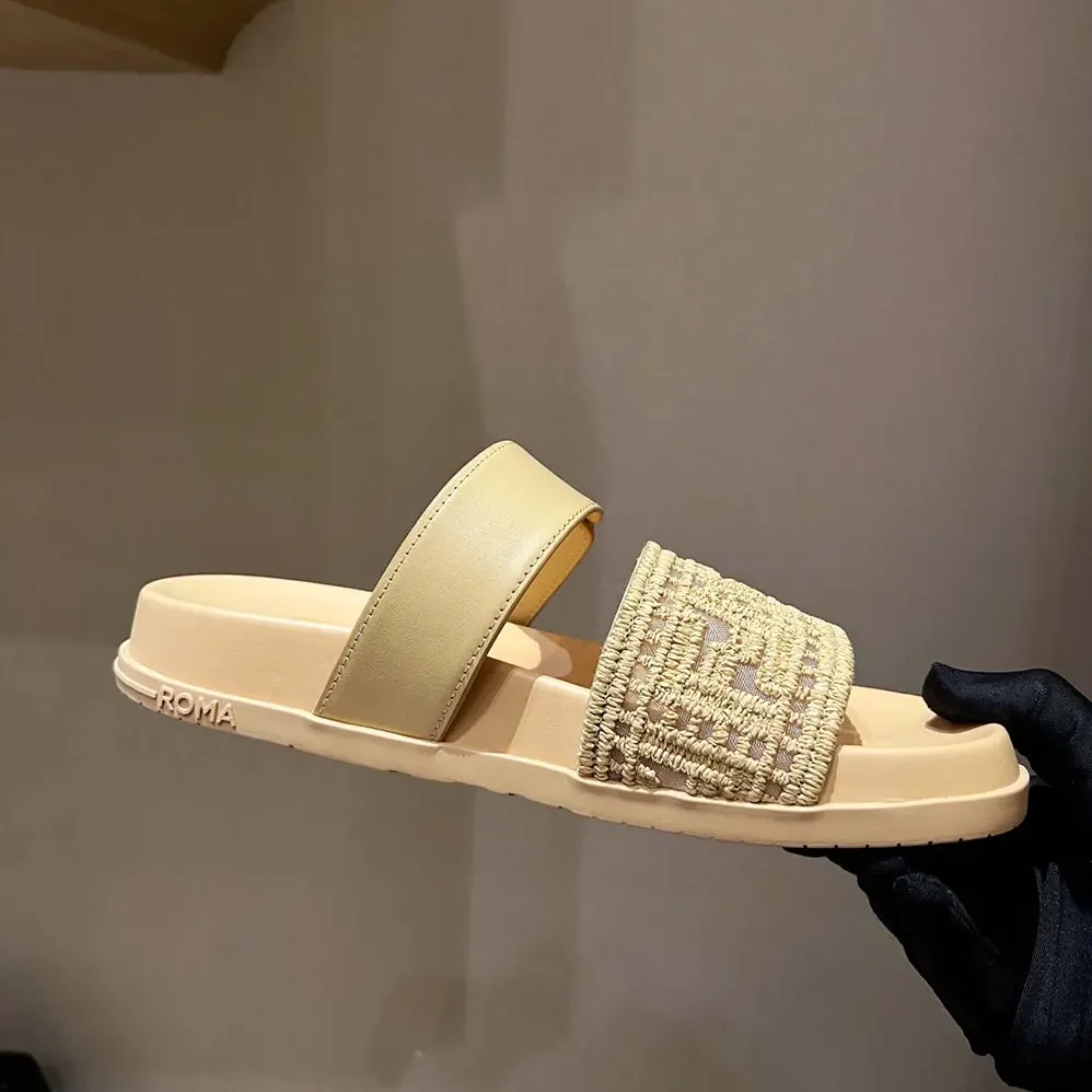 Fendi Feel Mesh Slides with Raffia FF Embroidery for Women