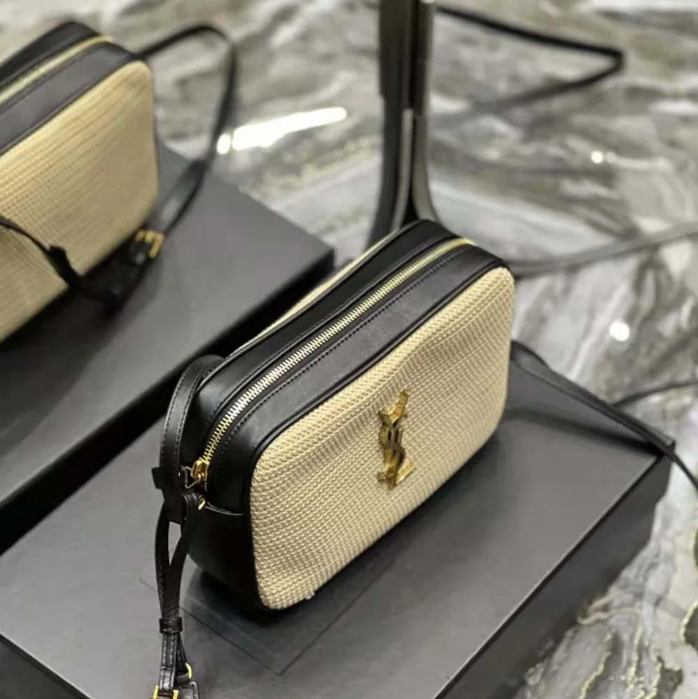 Saint Laurent YSL Lou Camera Bag in Raffia and Smooth Leather for Women