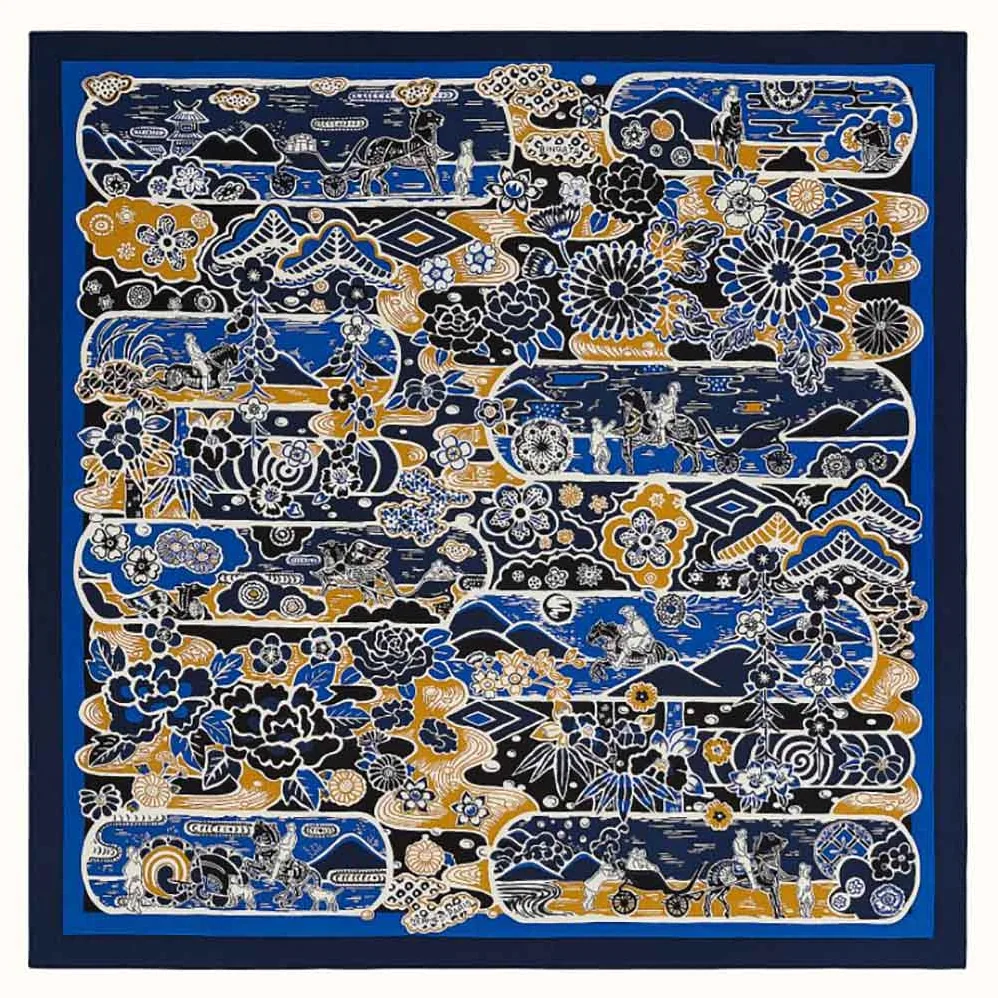Hermes Bingata Shawl 140 in Cashmere and Silk with Hand-Rolled Edges for Women in Navy Hermes Bingata Shawl 140 in Cashmere and Silk with Hand-Rolled Edges for Women in Navy