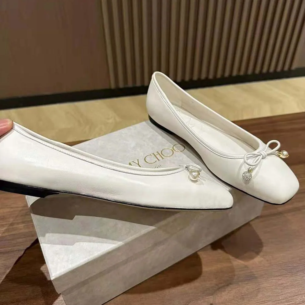Jimmy Choo Elme Flat Latte Nappa Leather Flats with Pearl Embellishment for Women Jimmy Choo Elme Flat Latte Nappa Leather Flats with Pearl Embellishment for Women