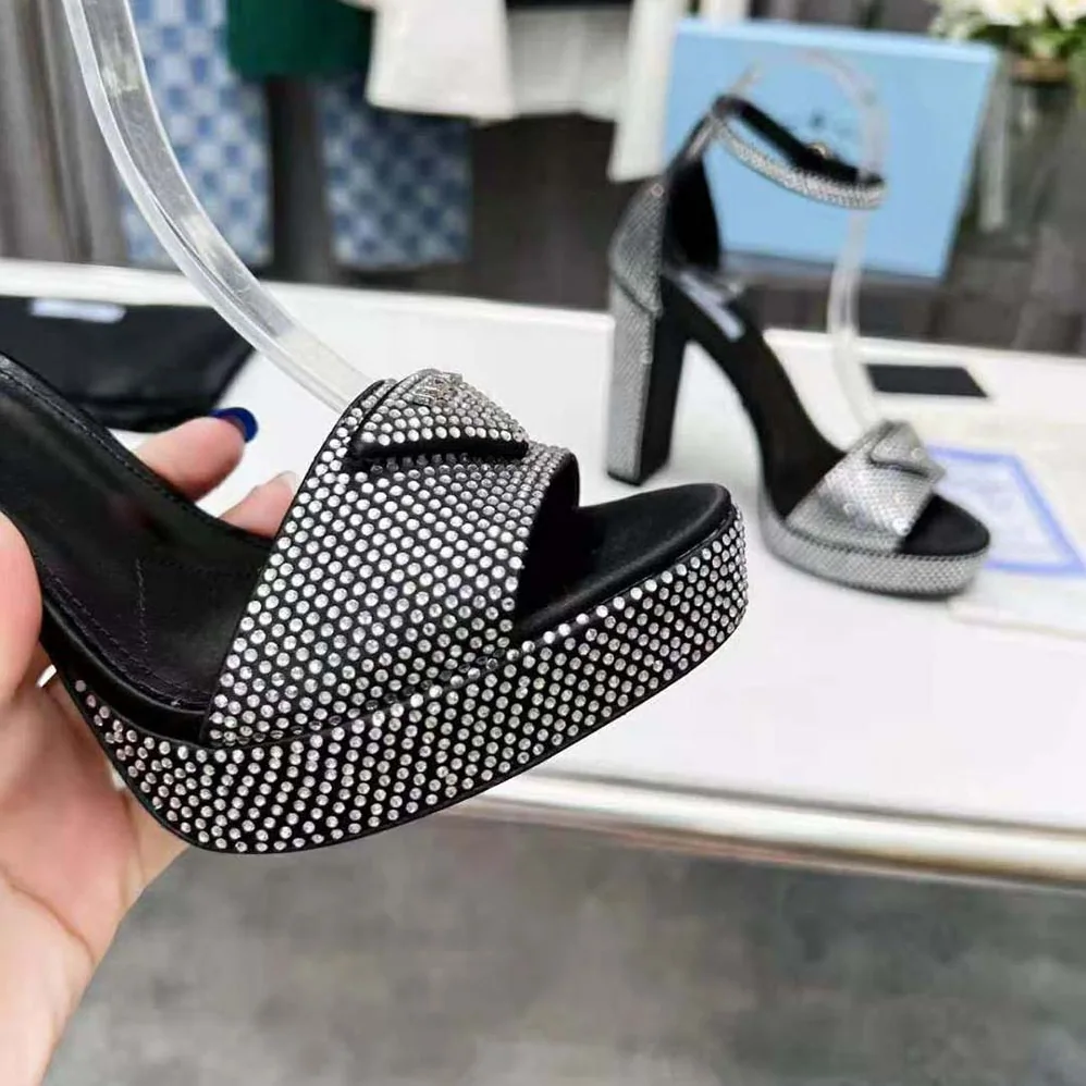 Prada Satin Platform Sandals with Crystals for Women in Black Prada Satin Platform Sandals with Crystals for Women in Black