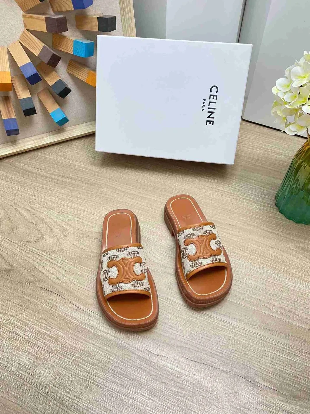 Celine Triomphe Slide In Triomphe Stamped Canvas Brown