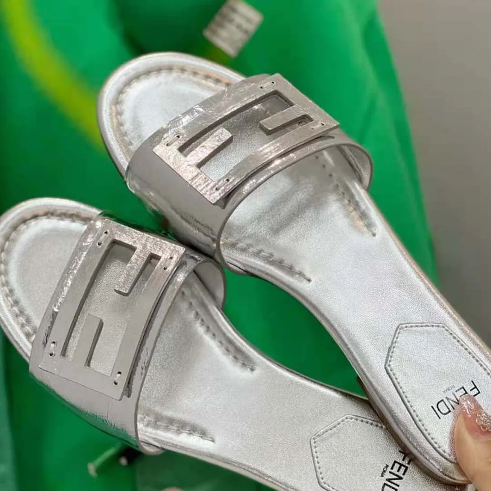 Fendi Baguette Silver Nappa Leather Slides for Women Fendi Baguette Silver Nappa Leather Slides for Women