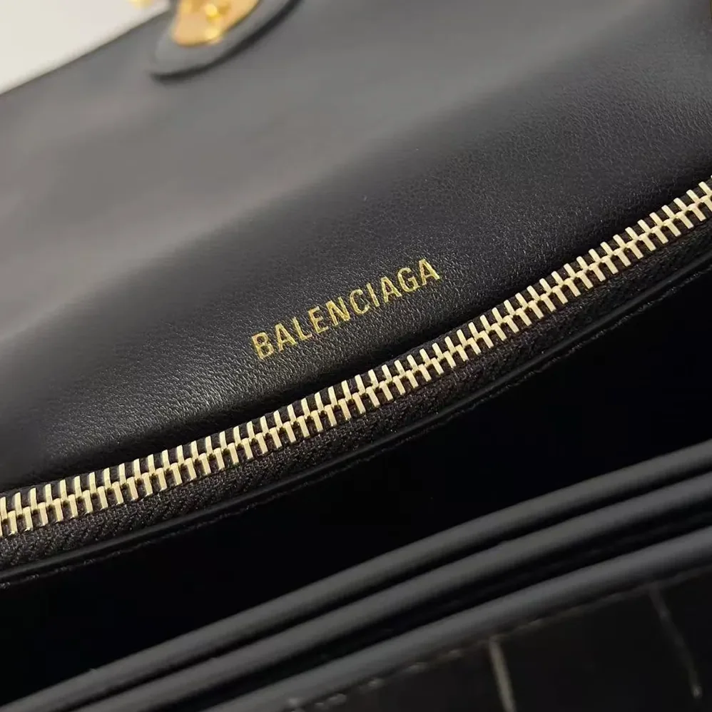 Balenciaga Small Crush Shoulder Bag in Black Shiny Crocodile Embossed Leather for Women