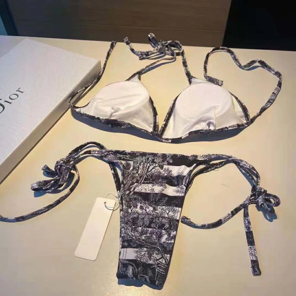 Dior Bikini Top Navy Blue Toile de Jouy Stripes Technical Fabric for Women