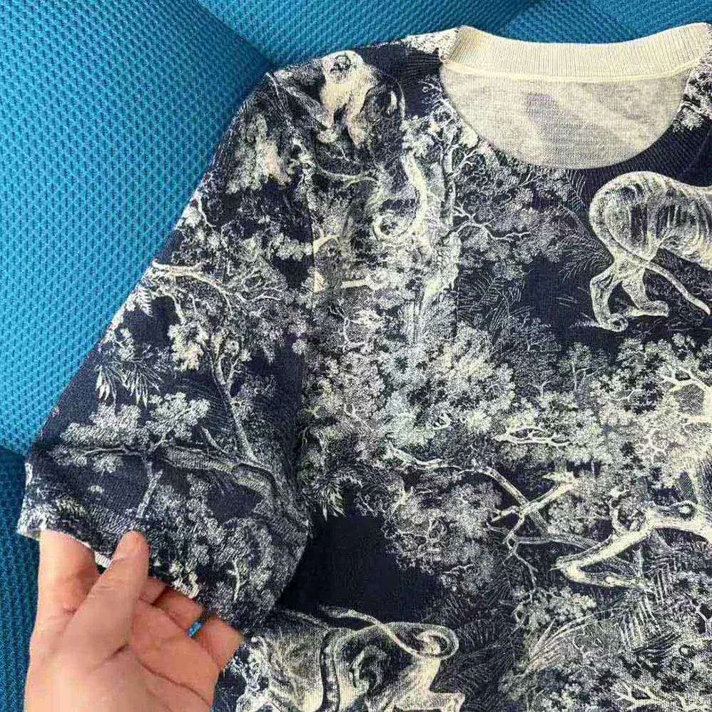 Dior T-shirt Navy Blue Toile de Jouy Cotton and Linen Jersey for Women