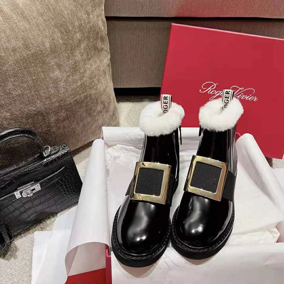 Roger Vivier Viv' Rangers Metal Buckle Fur Booties in Patent Leather for Women Roger Vivier Viv' Rangers Metal Buckle Fur Booties in Patent Leather for Women
