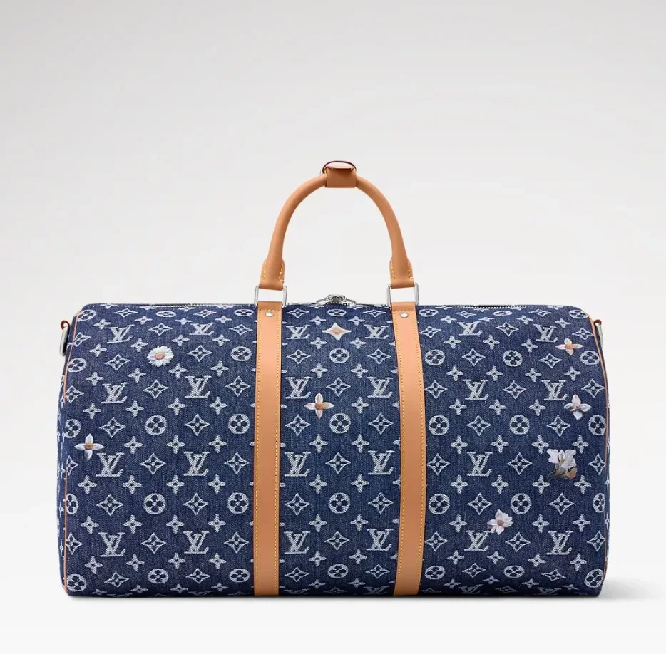 Louis Vuitton Keepall Bandouliere 50 Travel Bag in Blue Denim Silver Hardware