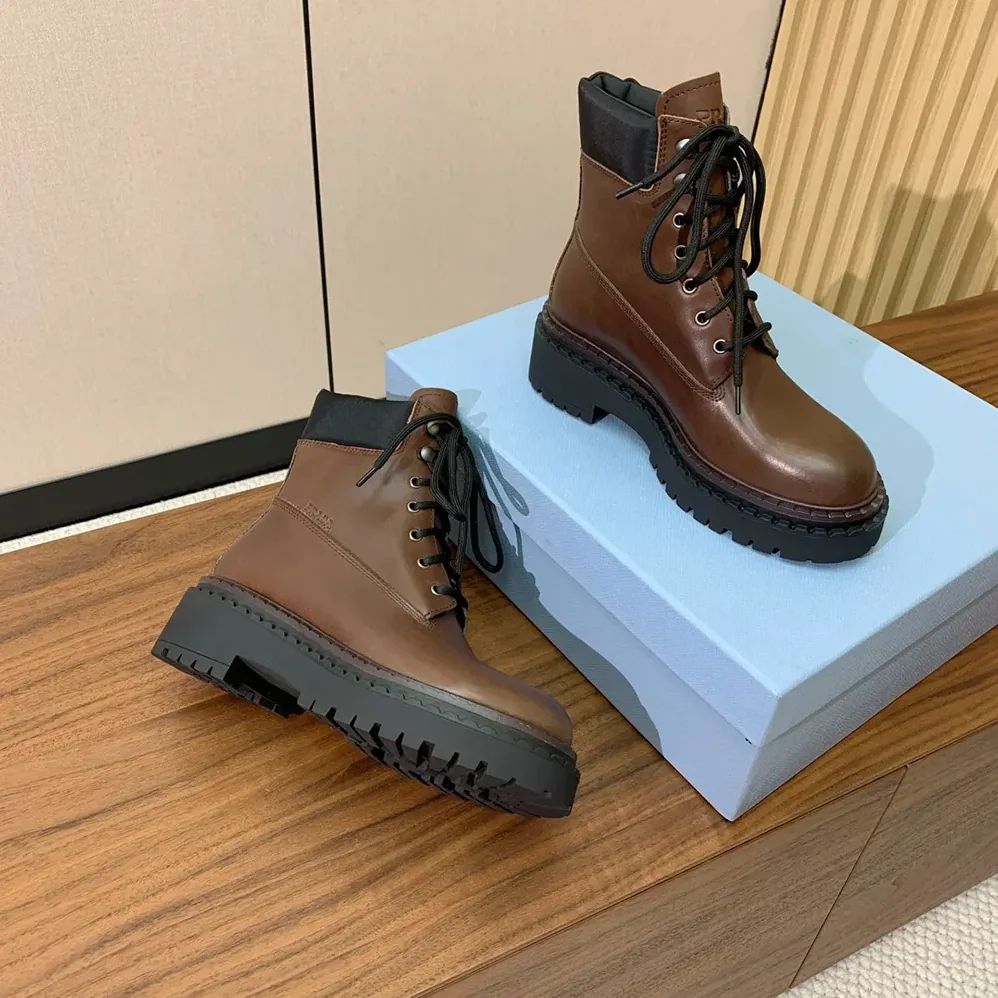 Prada Leather and Re-Nylon booties for Unisex in Cognac