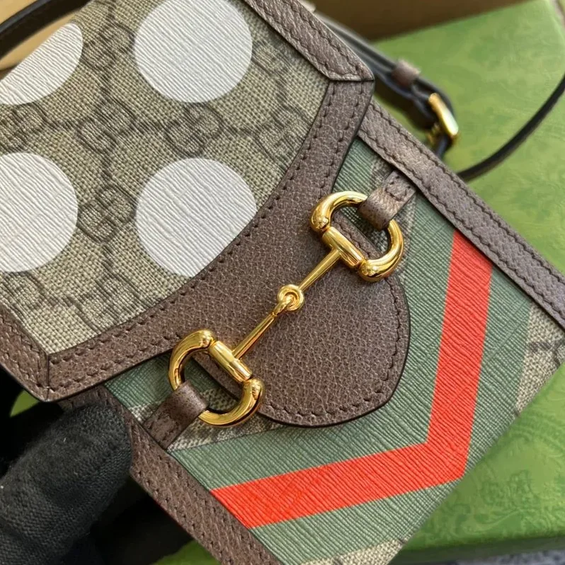 Gucci Horsebit 1955 Mini Bag / Beige/ Ebony GG Supreme Canvas With Geometric Print Gucci Horsebit 1955 Mini Bag / Beige/ Ebony GG Supreme Canvas With Geometric Print
