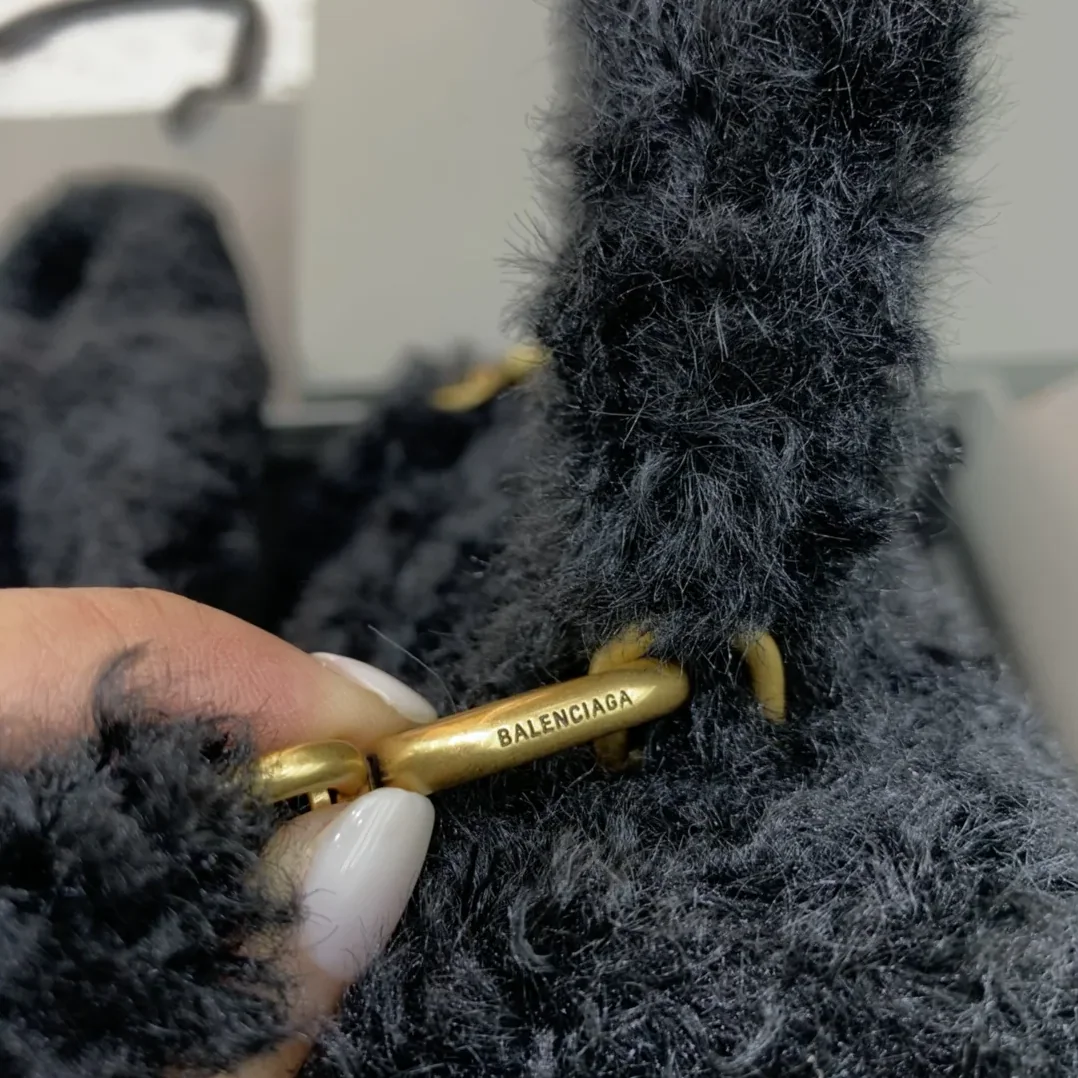 Balenciaga Furry Hourglass Small Handbag With Strap In Black /