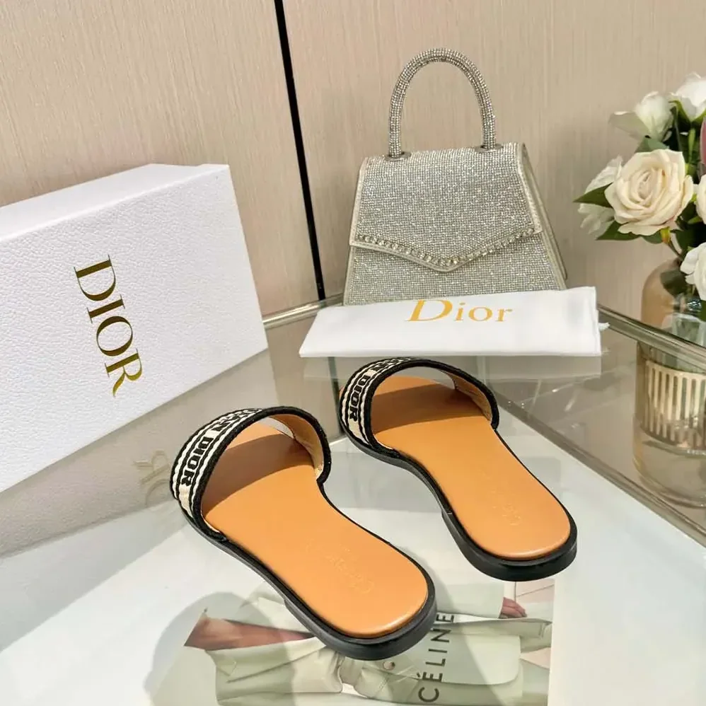 Dior Dway Slide Natural Raffia and Black Embroidered Cotton for Women