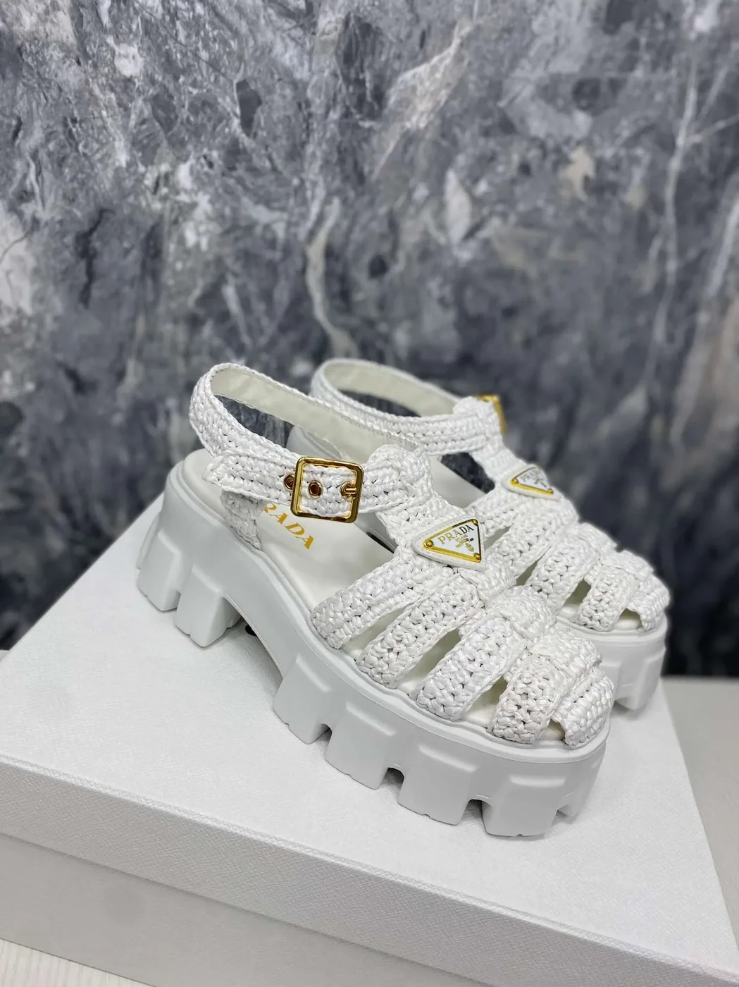 Prada Monolith Crochet Cage Sandals Pink Prada Monolith Crochet Cage Sandals Pink
