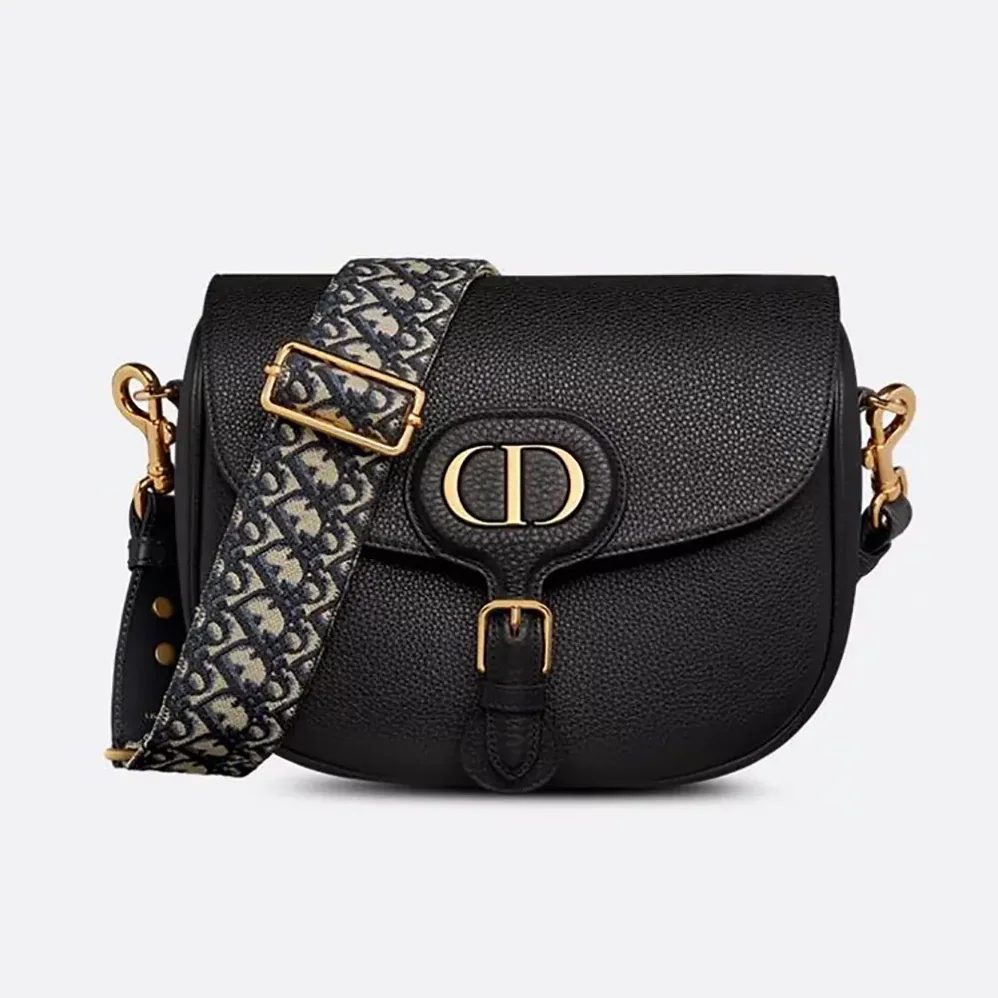 Dior Large Dior Bobby Bag Black Grained Calfskin with Embroidered Shoulder Strap for Women