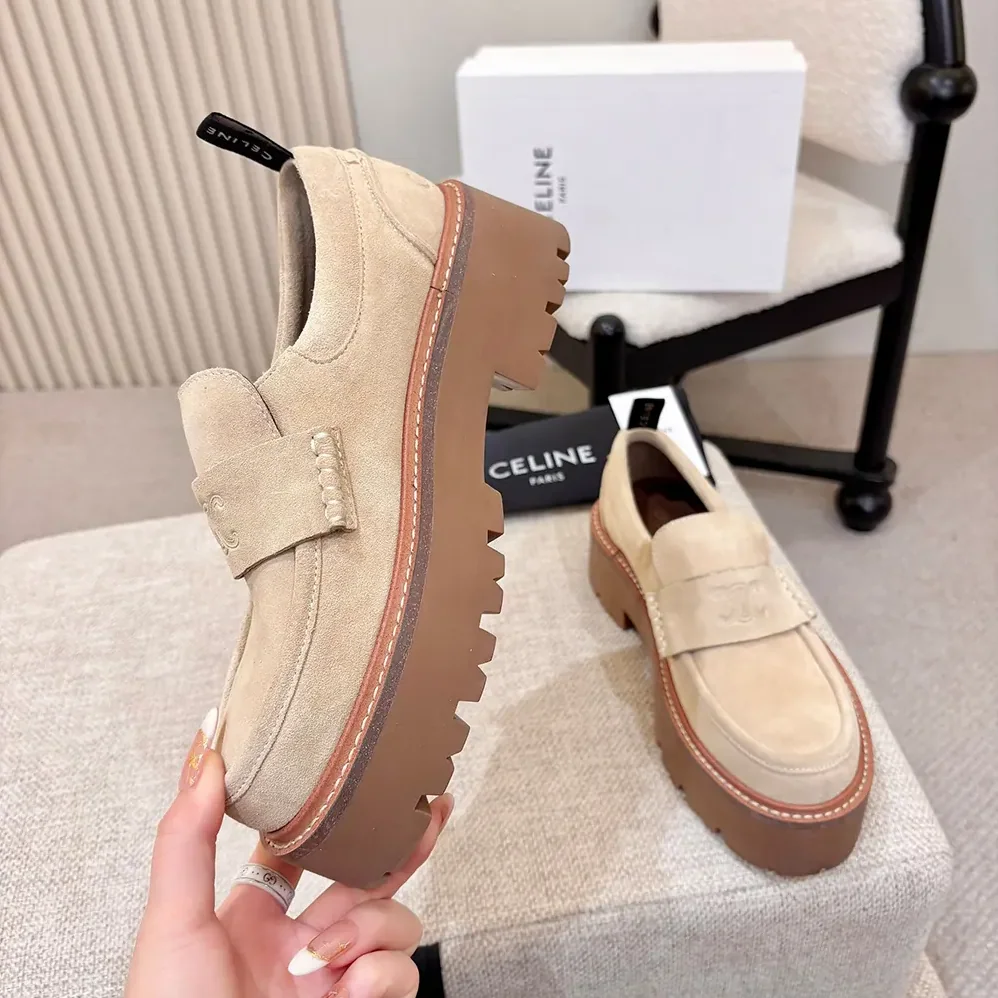 Celine Triomphe Loafers in Suede Calfskin for Women in Beige Celine Triomphe Loafers in Suede Calfskin for Women in Beige