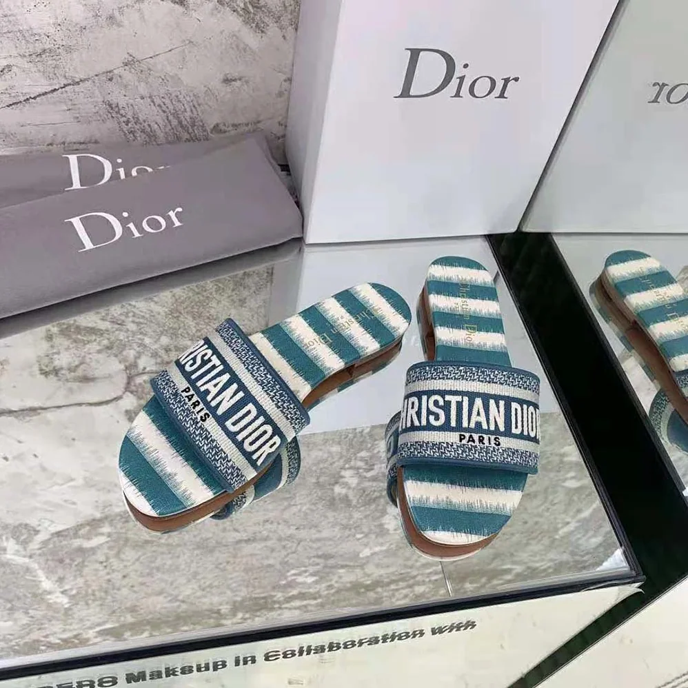 Dior Dway Slide Deep Ocean Blue D for Women in Stripes Embroidered Cotton