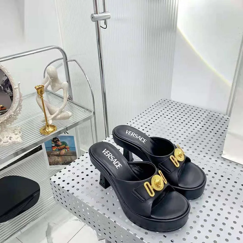 Versace Medusa Biggie Mules in 85mm Heel Height for Women in Black Versace Medusa Biggie Mules in 85mm Heel Height for Women in Black