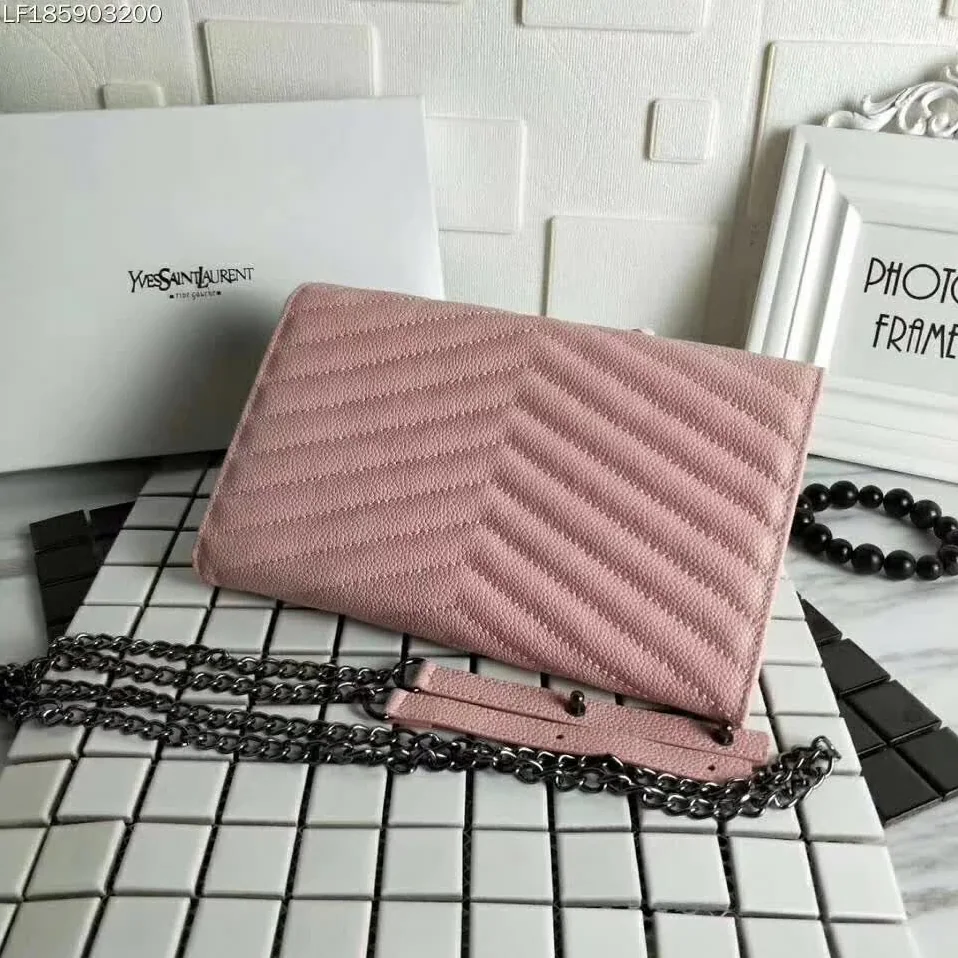 Saint Laurent YSL Medium Monogram Envelope Chain Wallet Silver Hardware in Pink Saint Laurent YSL Medium Monogram Envelope Chain Wallet Silver Hardware in Pink