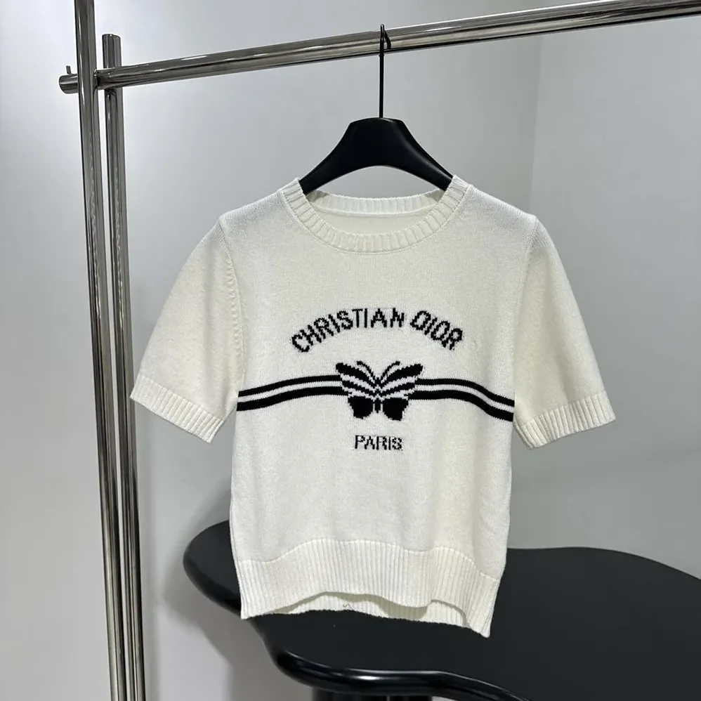 Dior Short-Sleeved Sweater White Cashmere Knit with Black Christian Dior Papillon Motif for Women